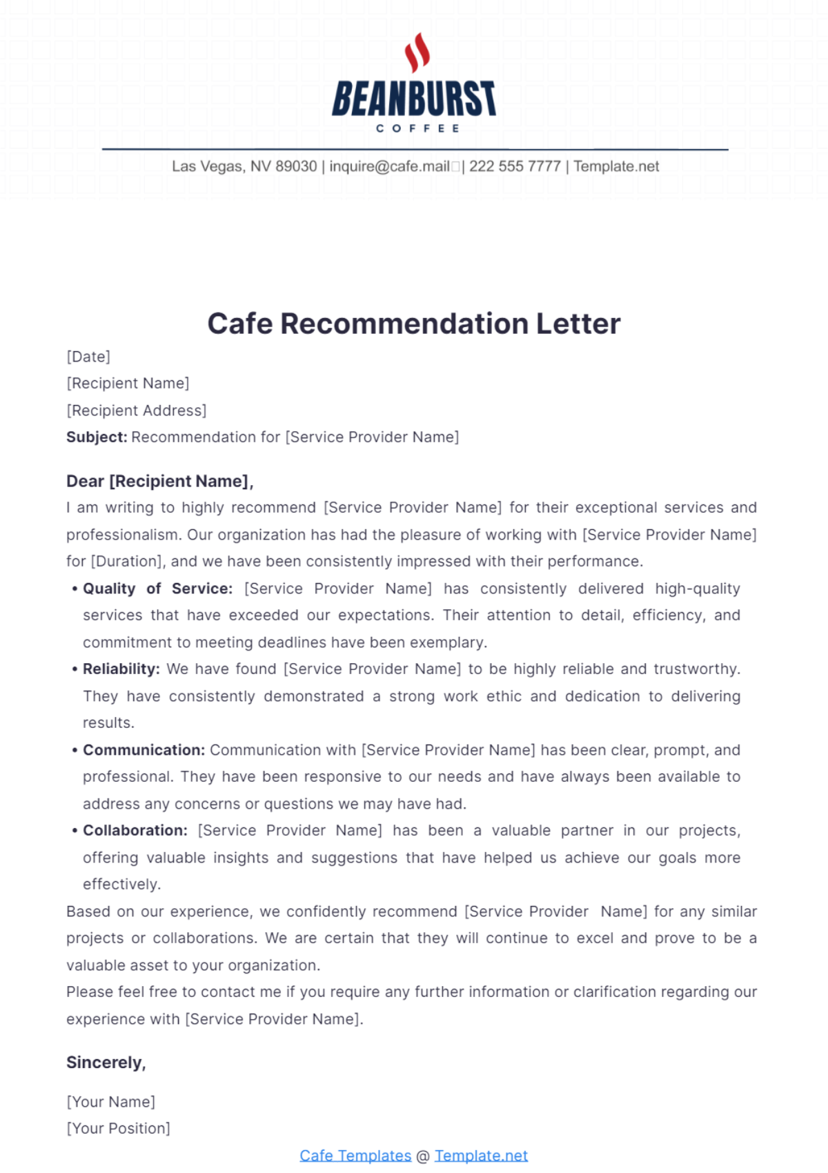 Cafe Recommendation Letter Template - Edit Online & Download