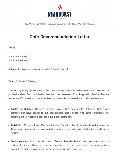Free Cafe Recommendation Letter Template to Edit Online