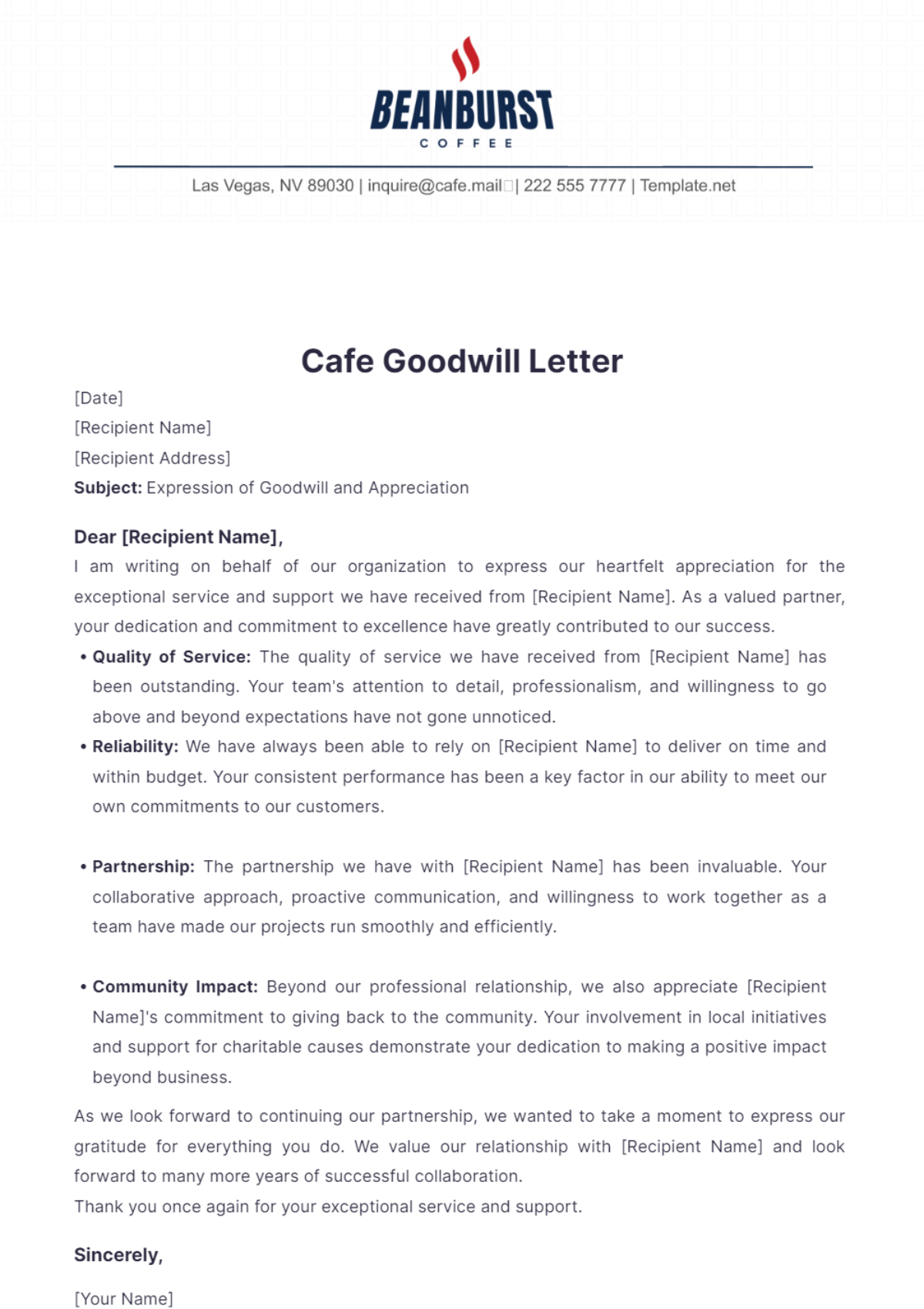 Cafe Goodwill Letter Template - Edit Online & Download