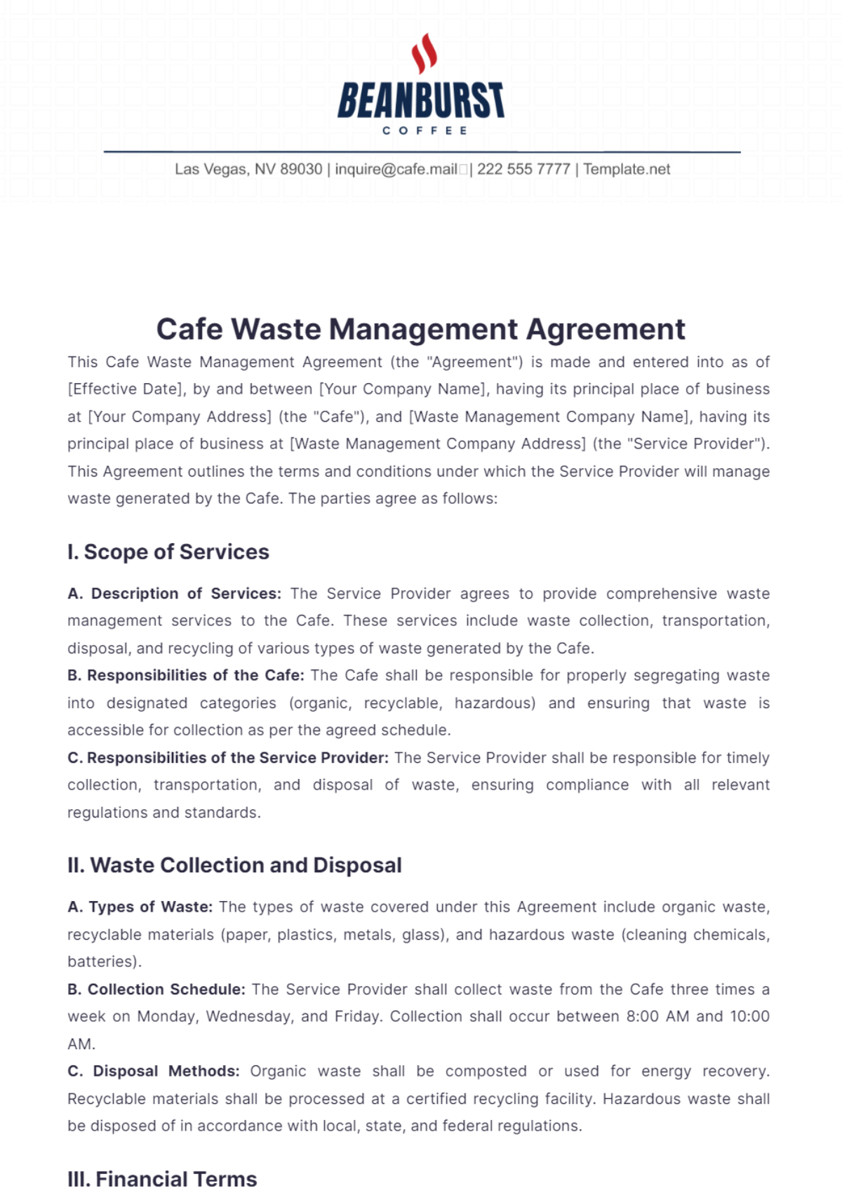 Cafe Waste Management Agreement Template - Edit Online & Download