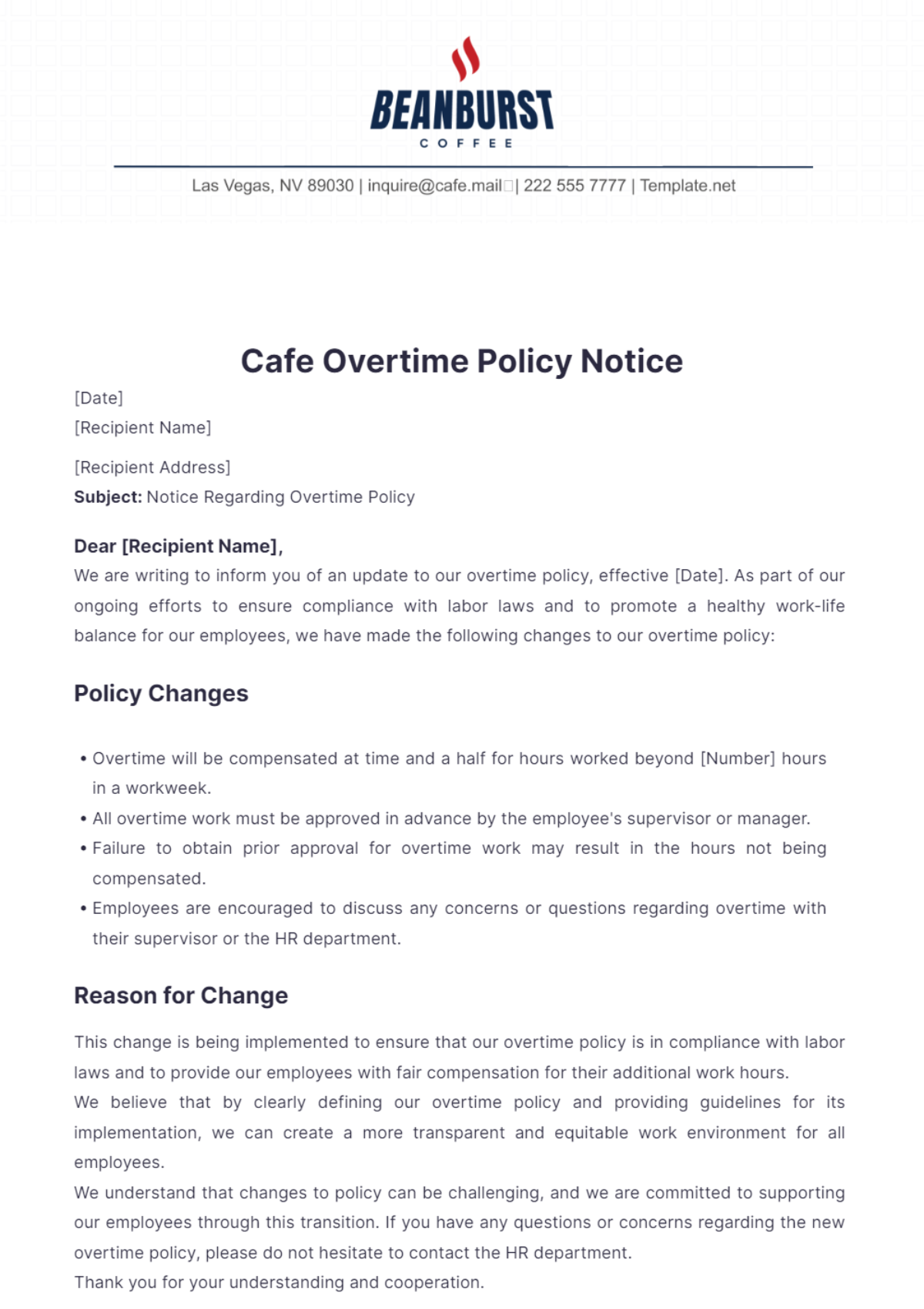 Cafe Overtime Policy Notice Template - Edit Online & Download