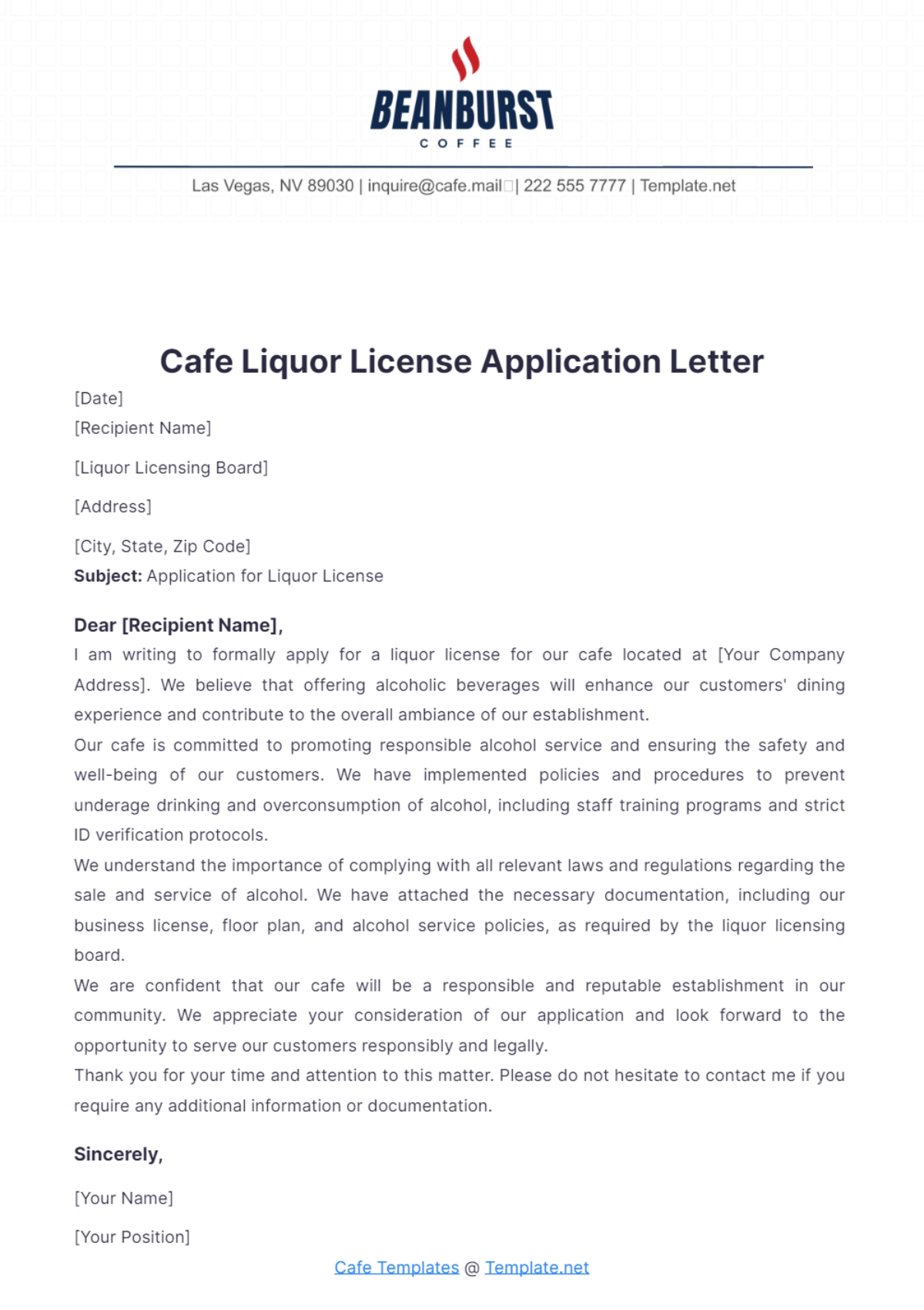 Cafe Liquor License Application Letter Template - Edit Online & Download