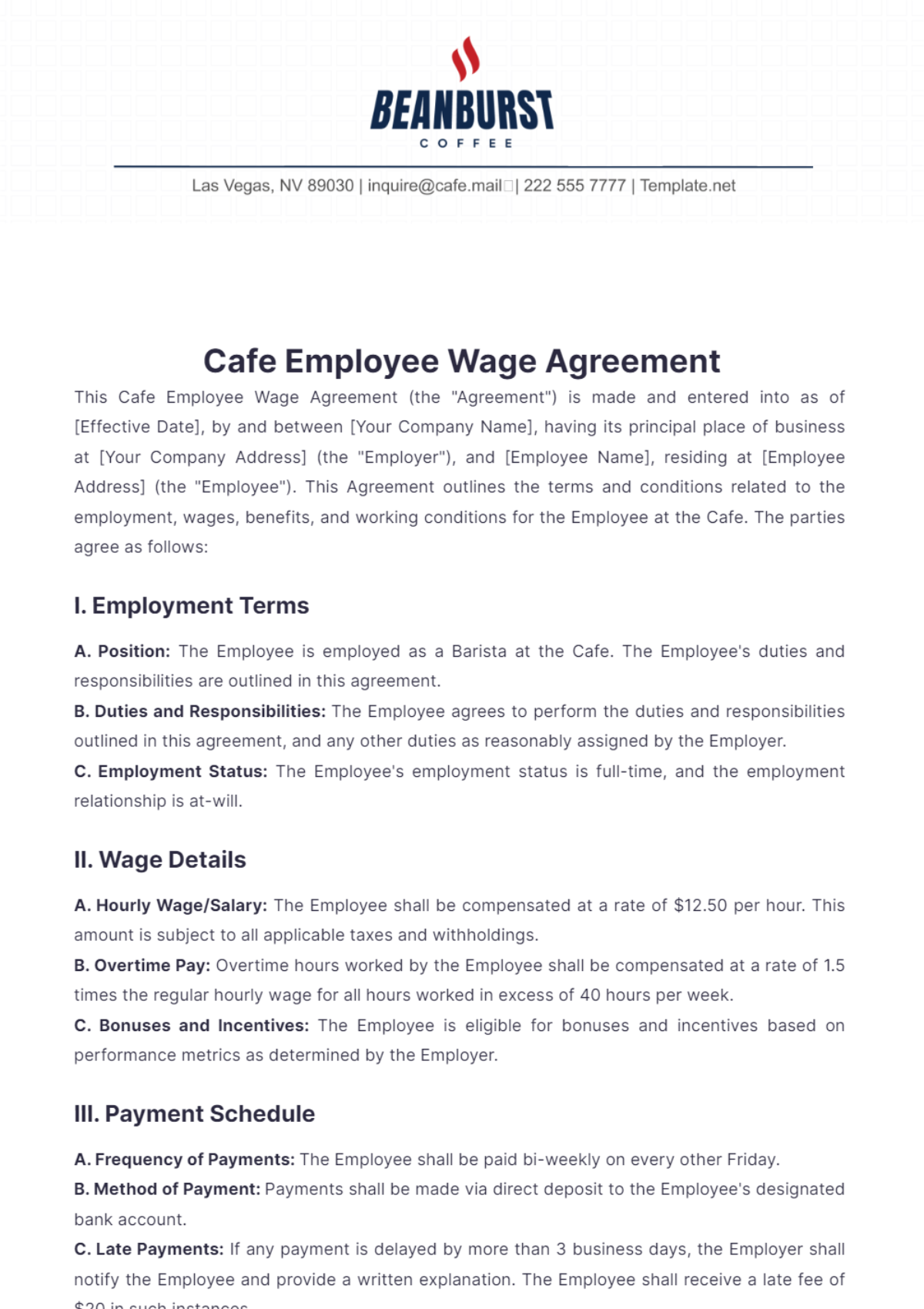 Cafe Employee Wage Agreement Template - Edit Online & Download