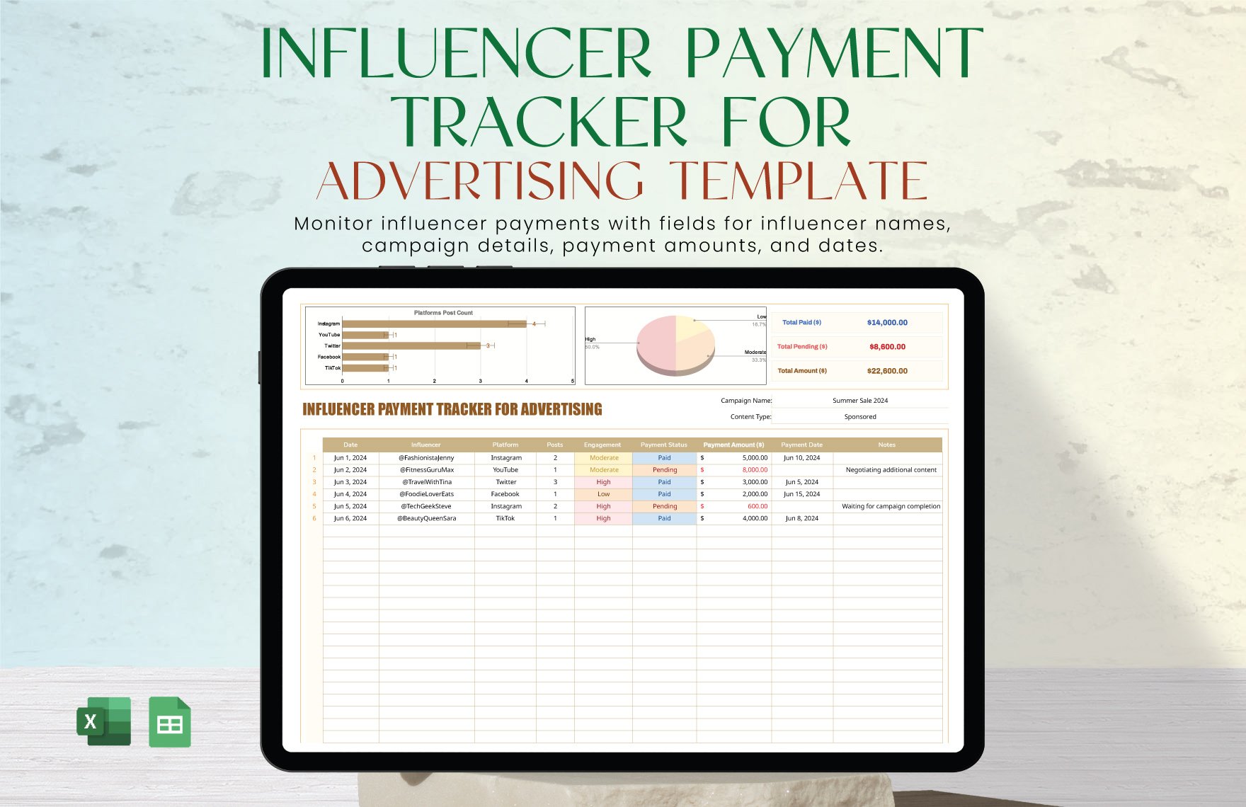 Influencer Payment Tracker for Advertising Template in Excel, Google Sheets