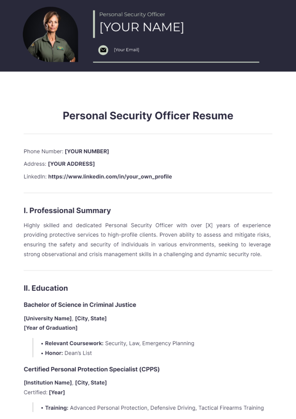 Personal Security Officer Resume - Edit Online & Download