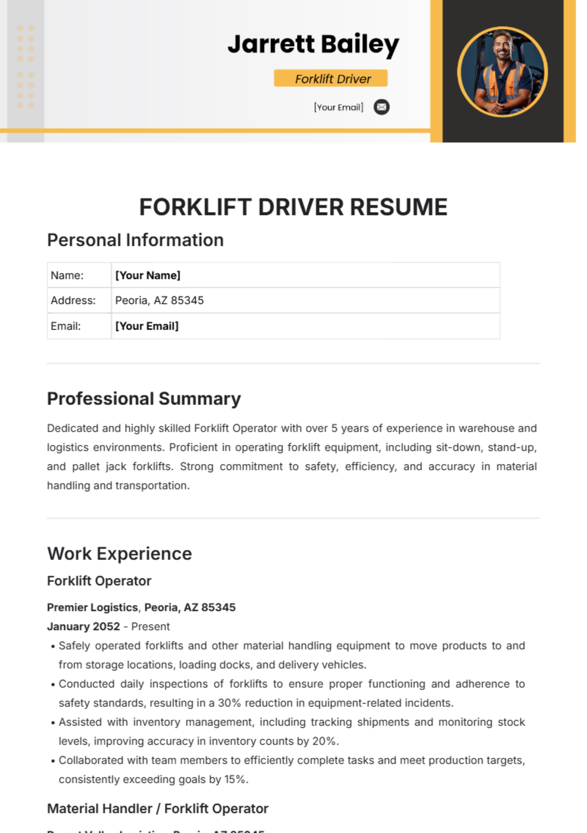 Forklift Driver Resume Template - Edit Online & Download