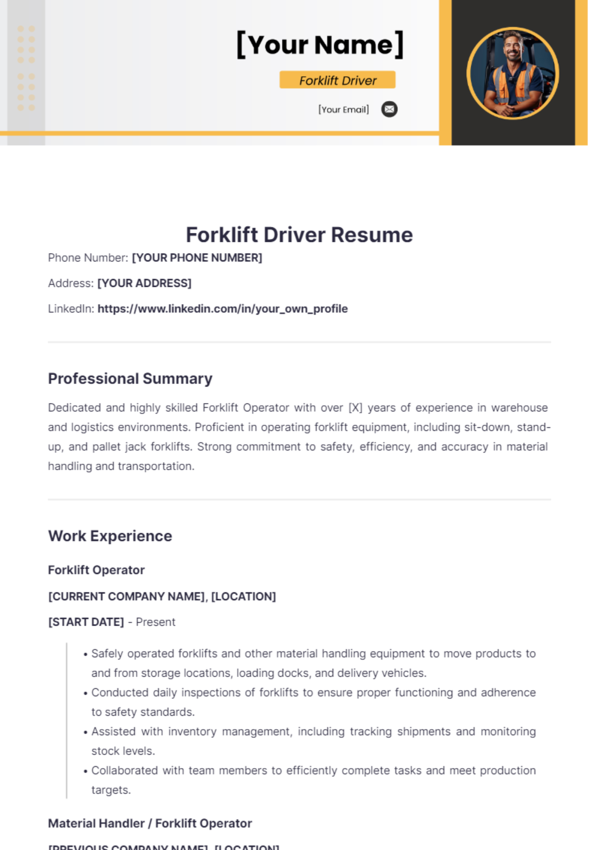 Forklift Driver Resume