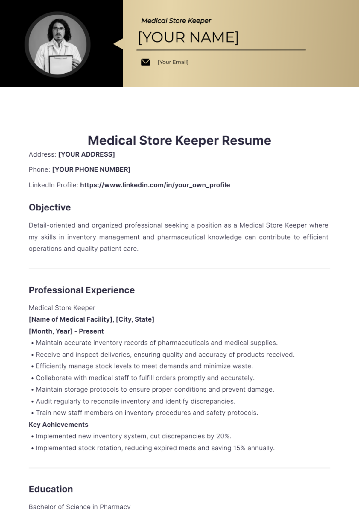 Medical Store Keeper Resume - Edit Online & Download