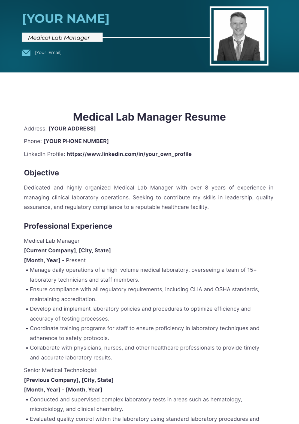 Medical Lab Manager Resume - Edit Online & Download