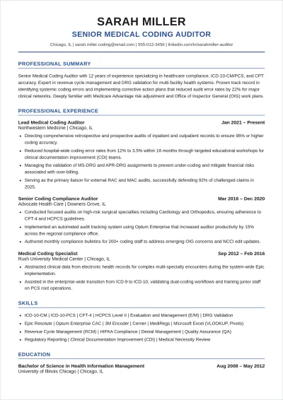 Free Medical Coding Auditor ATS Resume Template, AI Resume Builder