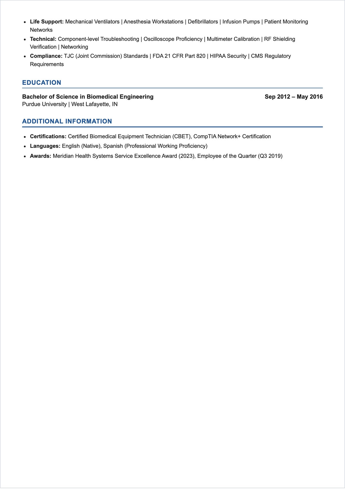 Free Biomedical Service Engineer ATS Resume Template