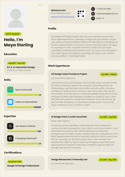 Free UI UX Designer ATS Resume For Internship Template