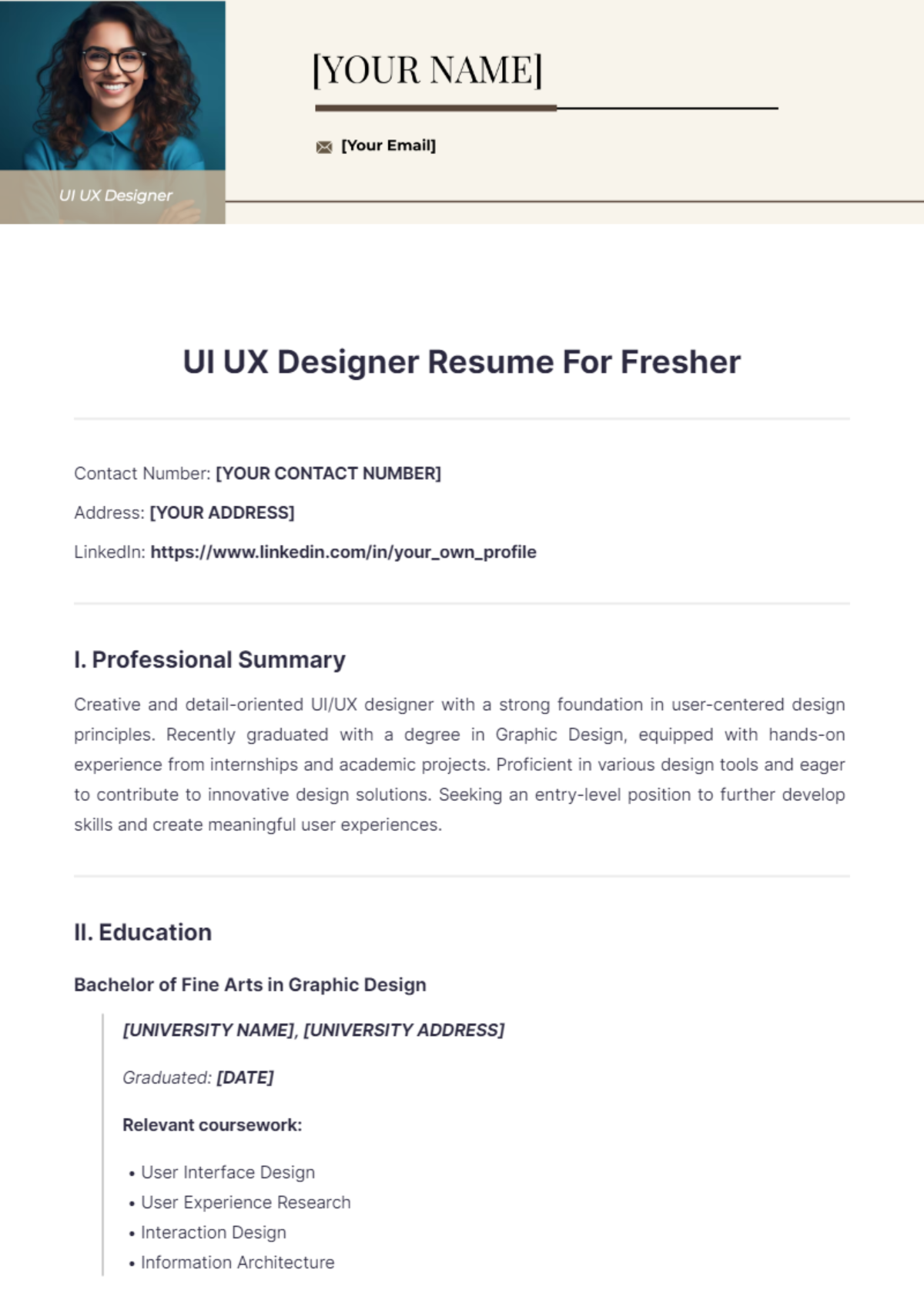 UI UX Designer Resume For Fresher - Edit Online & Download