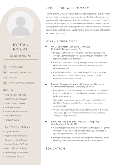 Free UI UX Designer ATS Resume For Fresher Template, AI Resume Builder