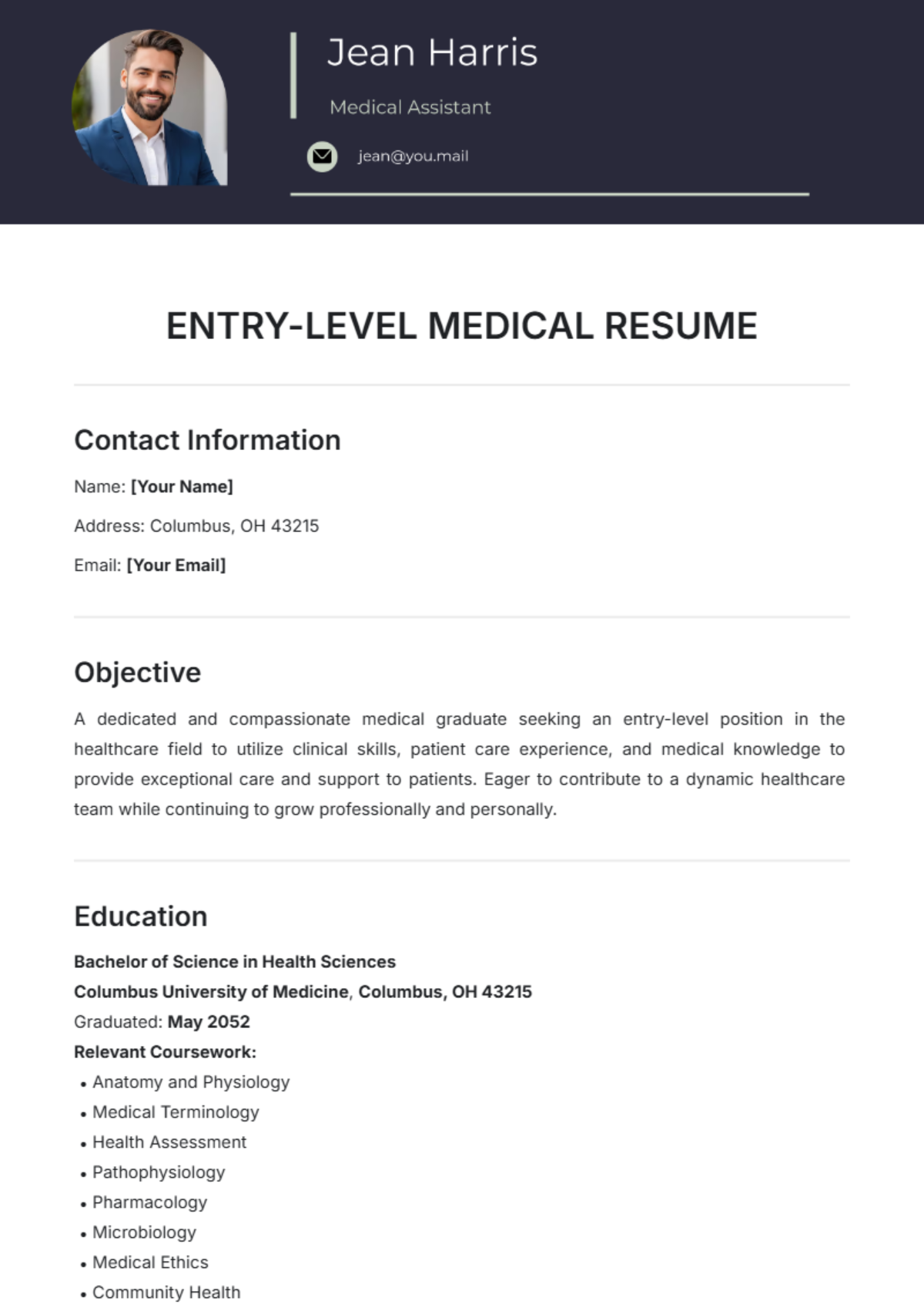 Entry-Level Medical Resume Template - Edit Online & Download