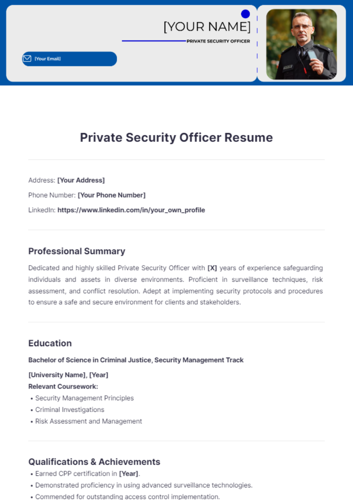 Private Security Officer Resume - Edit Online & Download