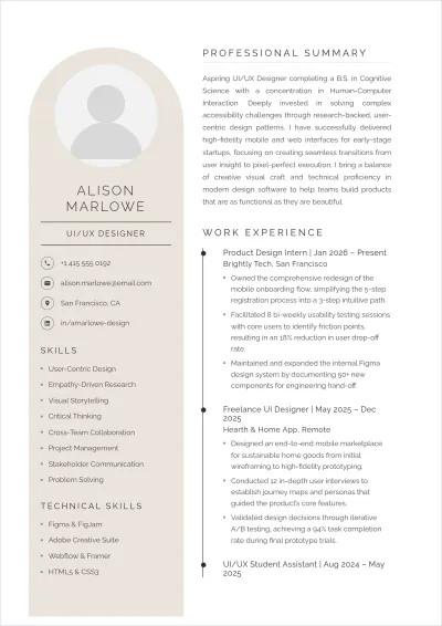 Free UI UX Designer ATS Resume For Student Template, AI Resume Builder