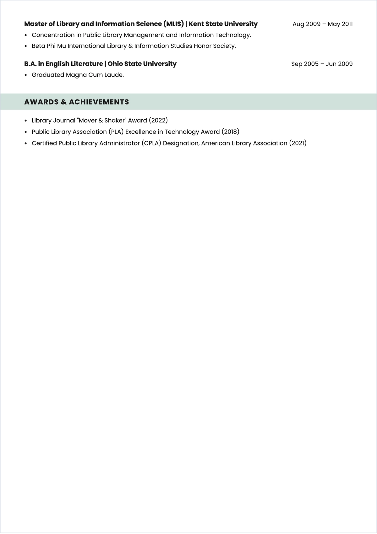 Free Library Manager ATS Resume Template, AI Resume Builder