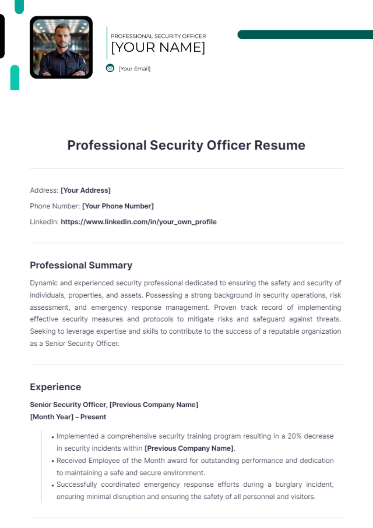 Professional Security Officer Resume - Edit Online & Download