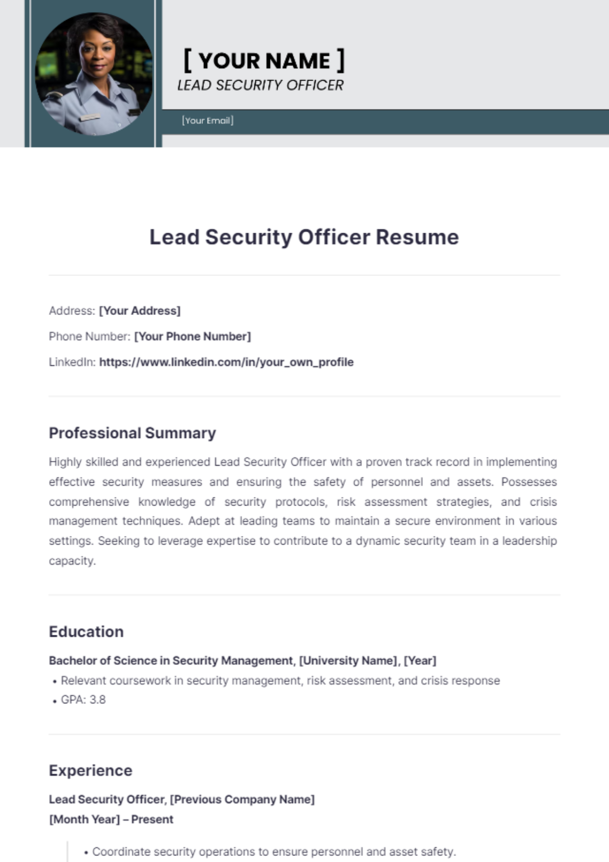 Lead Security Officer Resume - Edit Online & Download