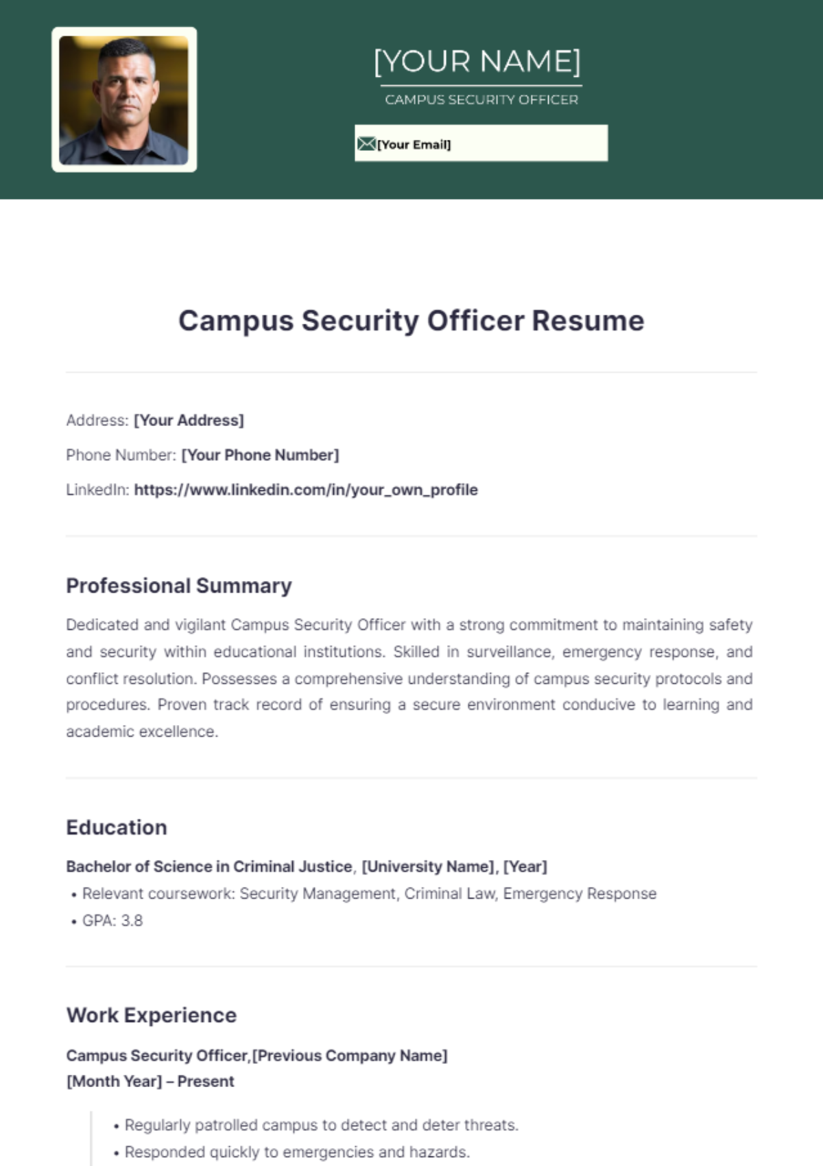 Campus Security Officer Resume - Edit Online & Download