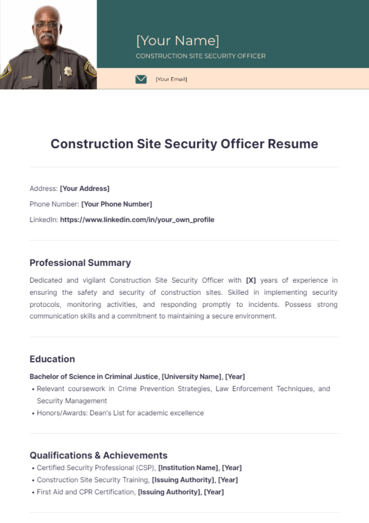 Construction Site Security Officer Resume - Edit Online & Download