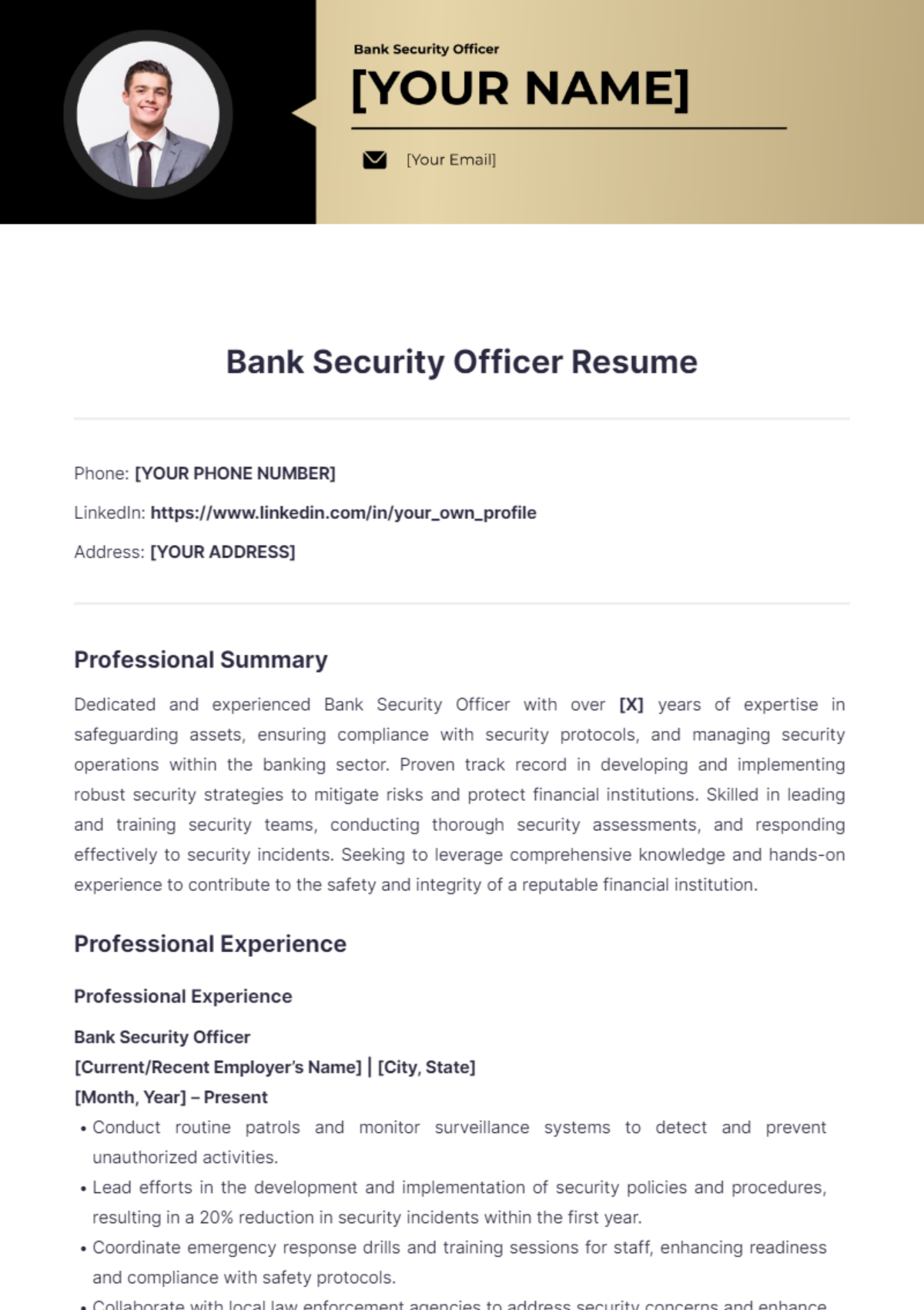 Bank Security Officer Resume - Edit Online & Download