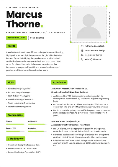 Free Creative Director UI UX Designer ATS Resume Template