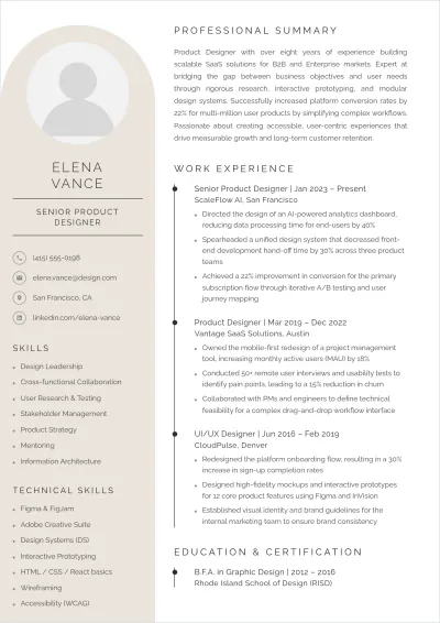 Free Senior Product UI UX Designer ATS Resume Template