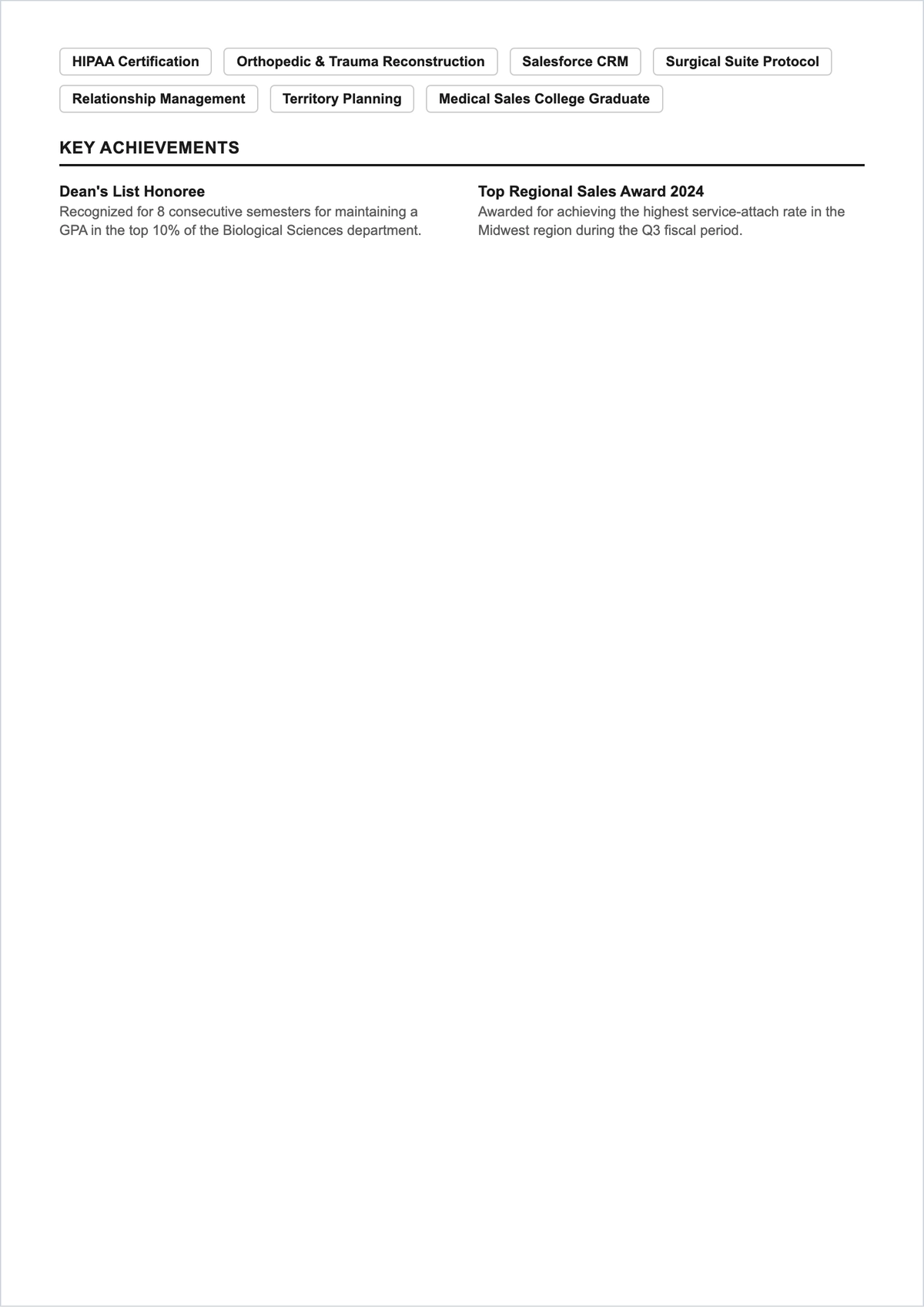 Free Entry Level Medical Device Sales ATS Resume Template