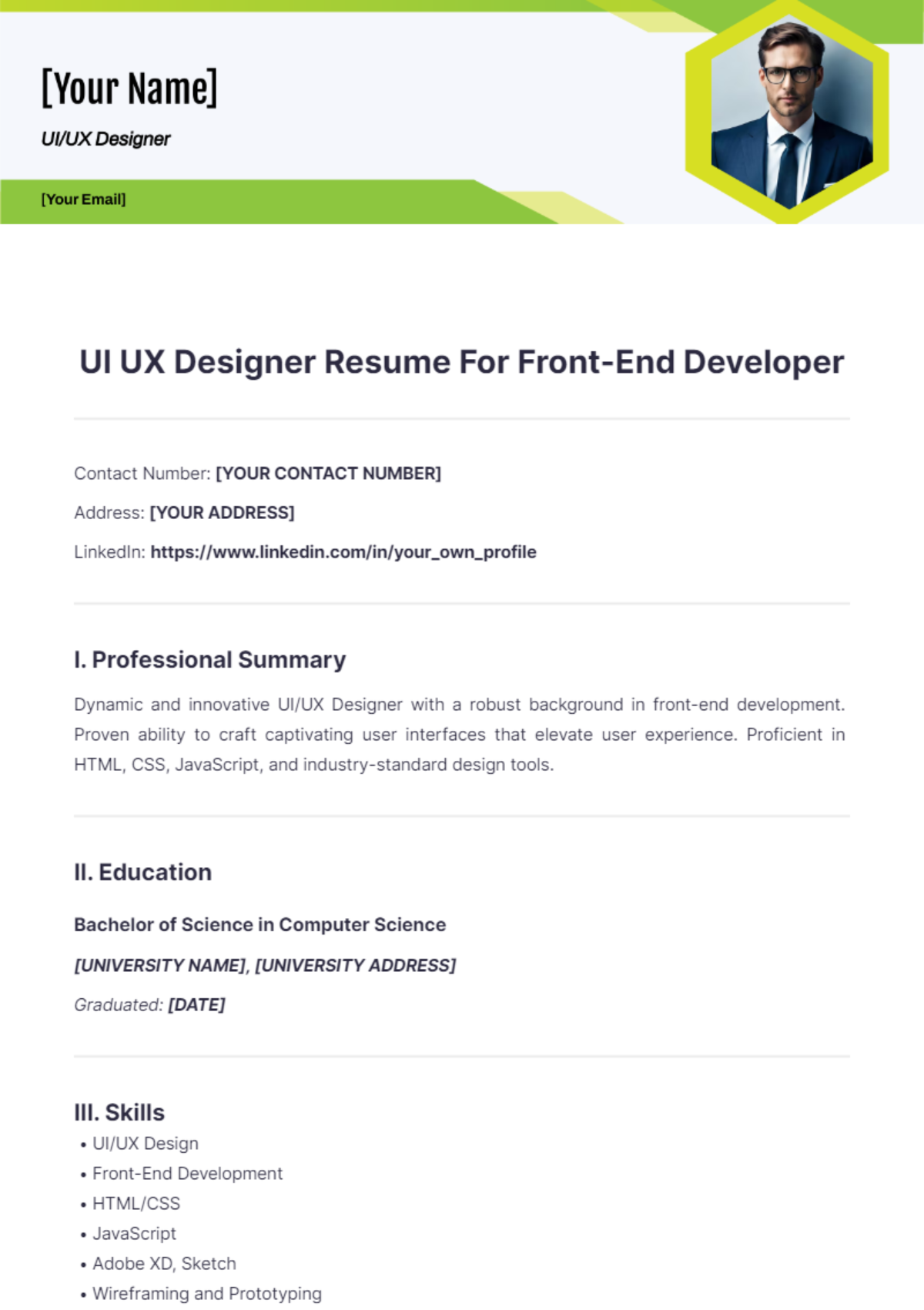 UI UX Designer Resume For Front End Developer - Edit Online & Download