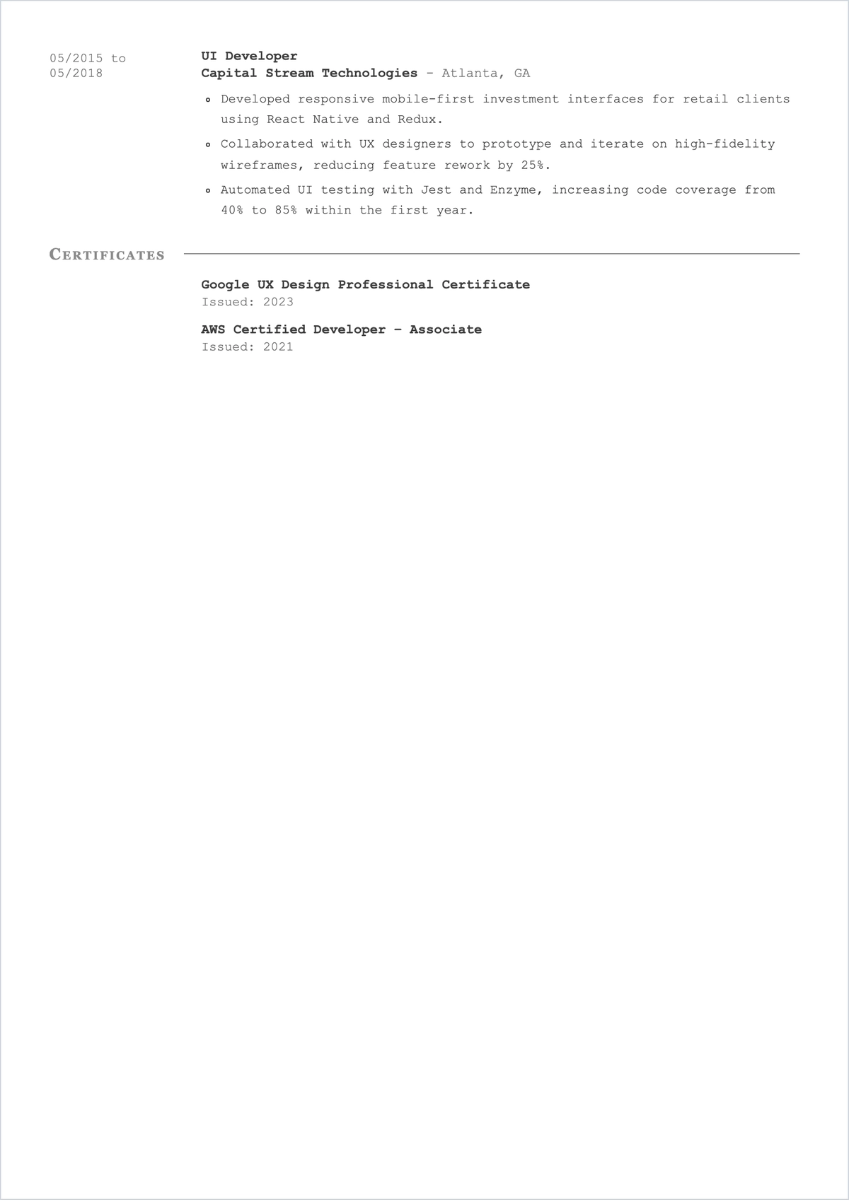 Free UI Developer ATS Resume Template, AI Resume Builder