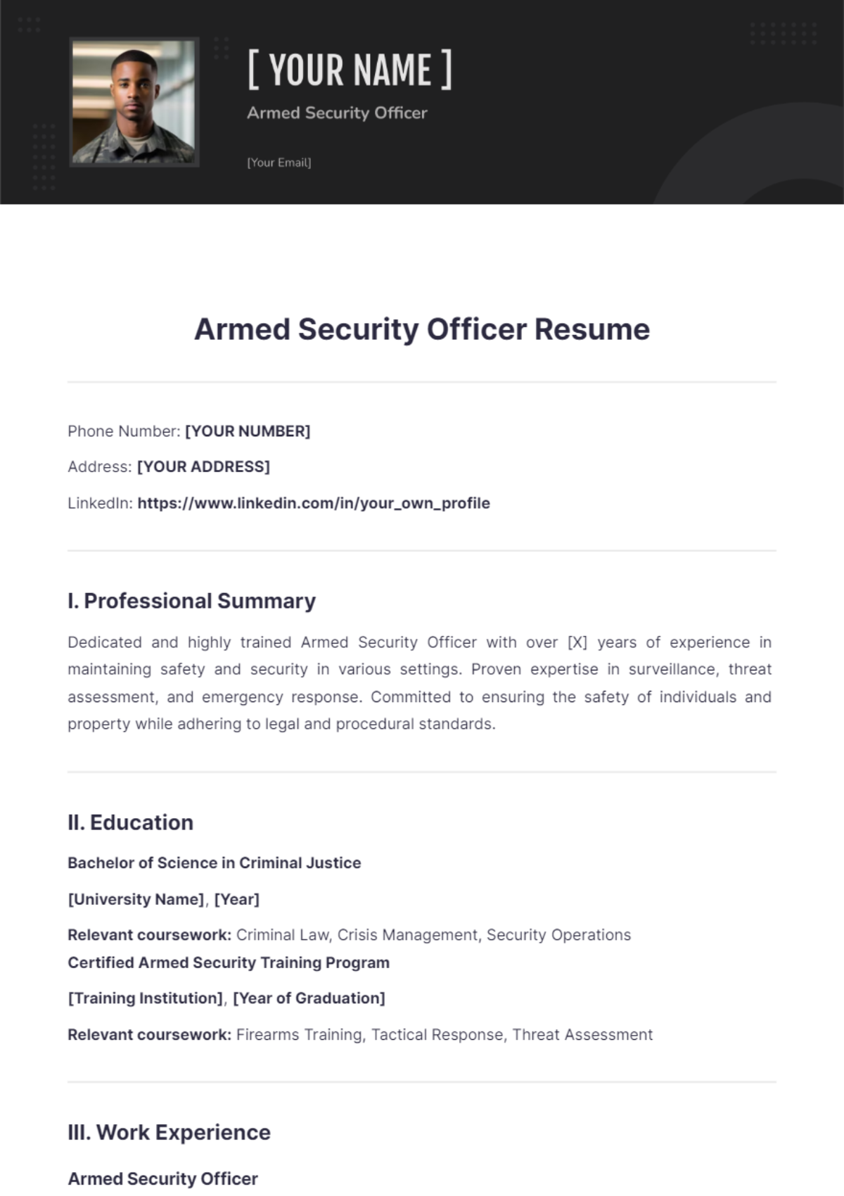 Armed Security Officer Resume - Edit Online & Download