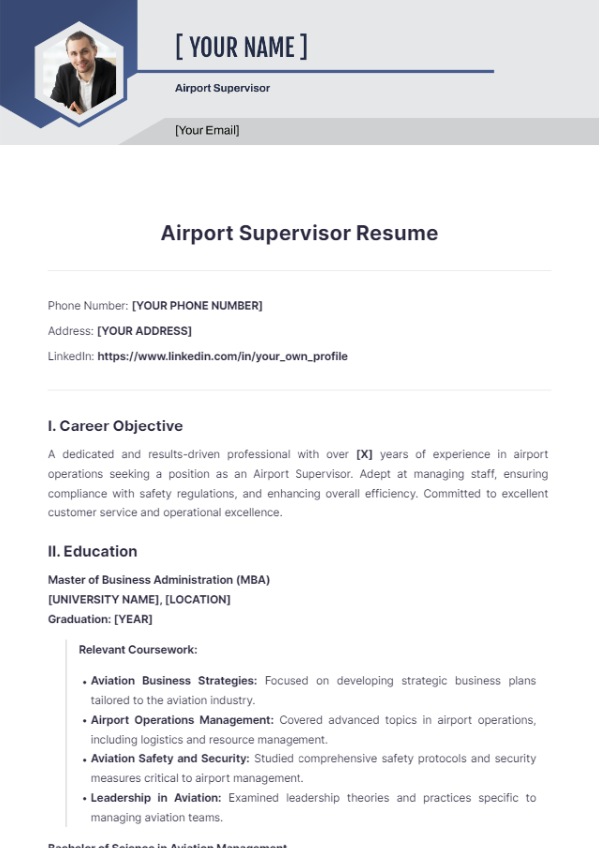 Free Airport Supervisor Resume Template to Edit Online