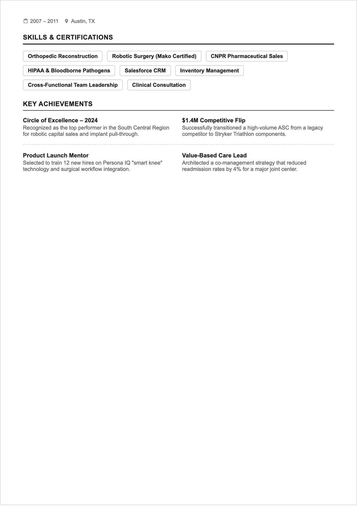 Free Medical Device Sales ATS Resume Template, AI Resume Builder