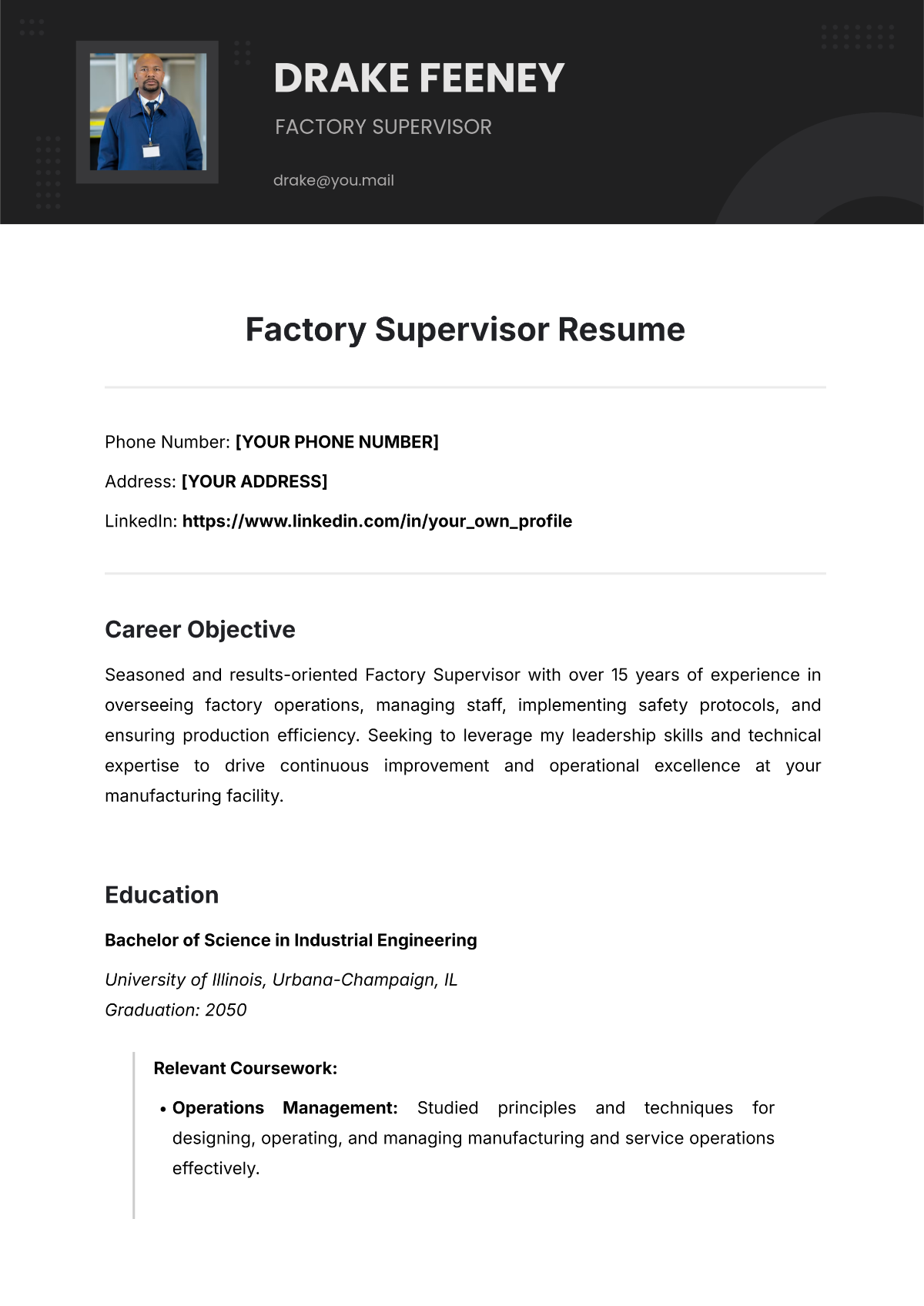 Free Factory Supervisor Resume Template