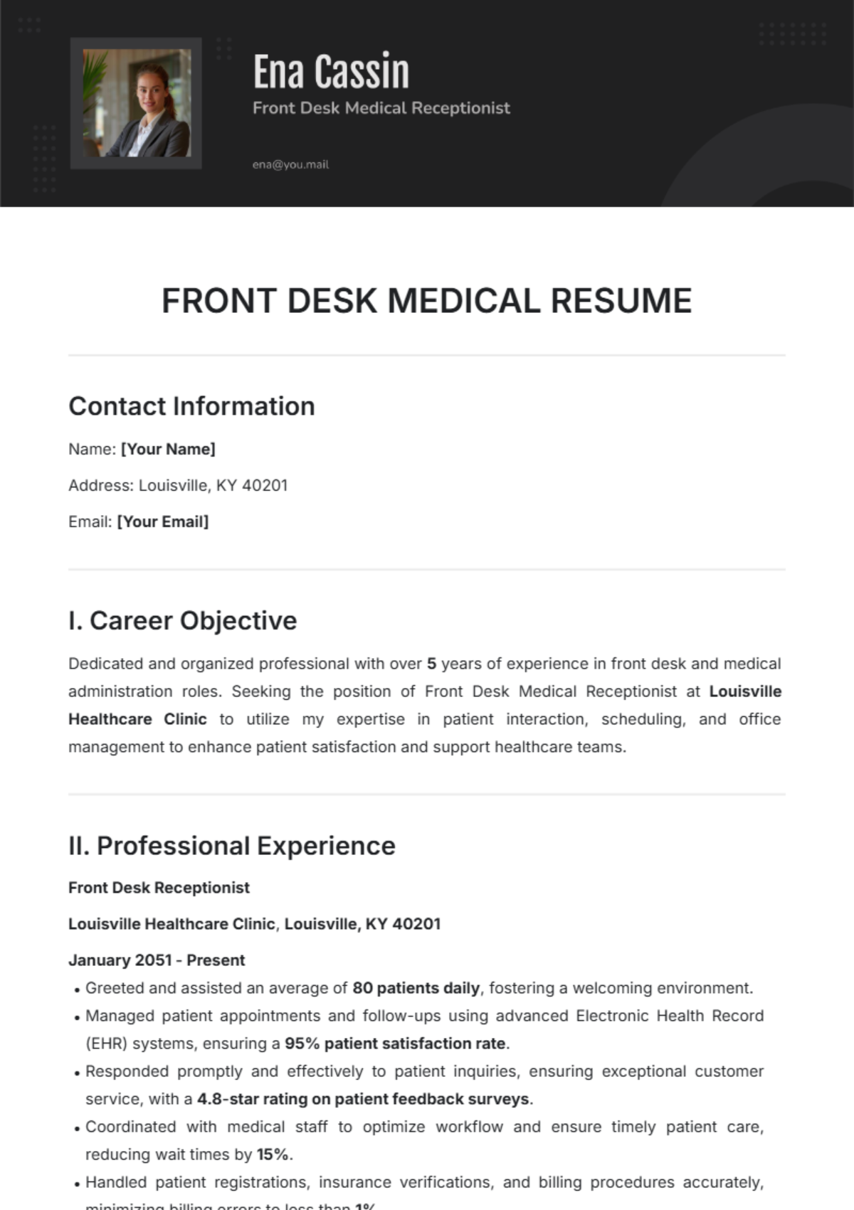 Front Desk Medical Resume Template - Edit Online & Download