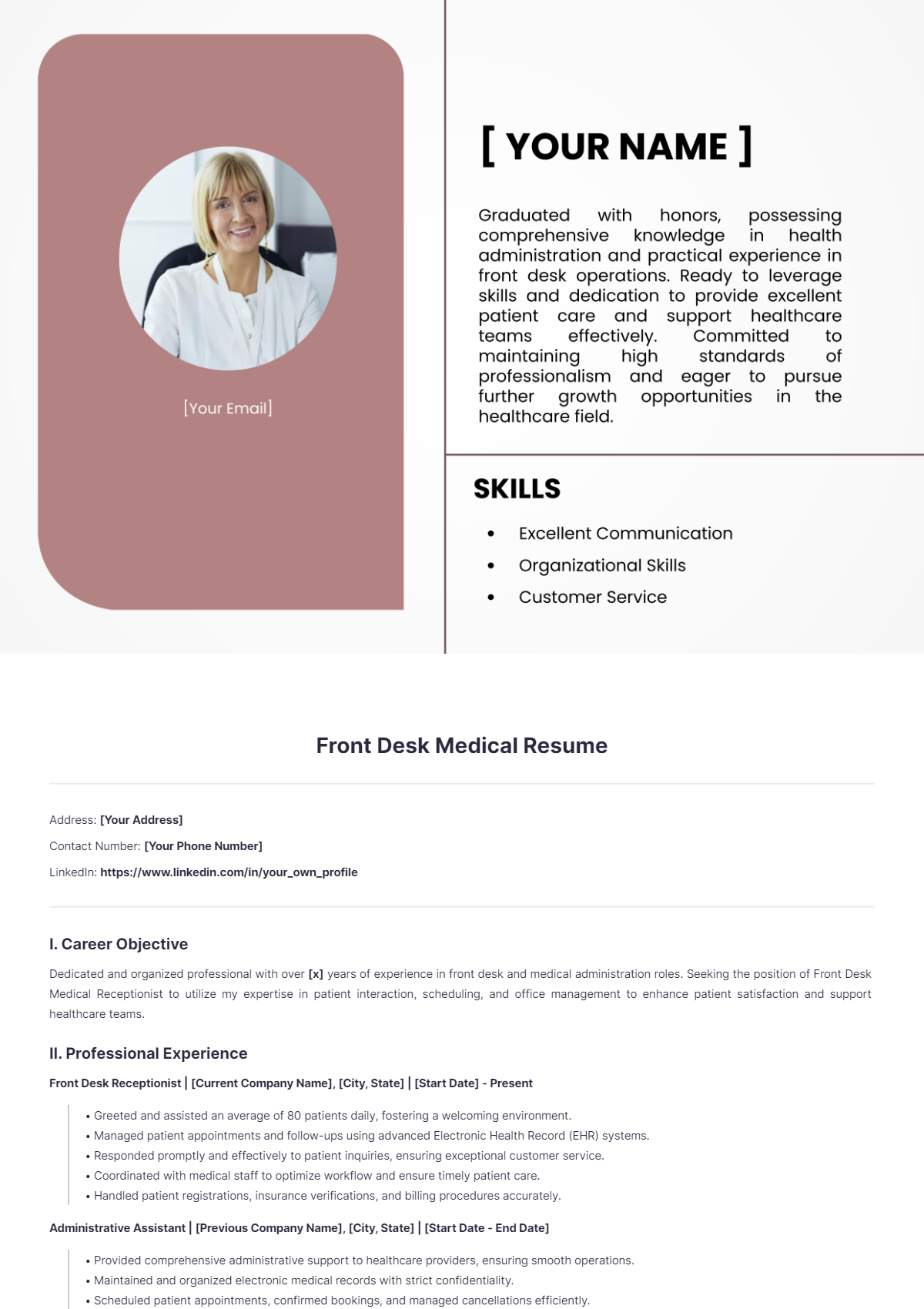 Free Front Desk Medical Resume Template - Edit Online & Download ...