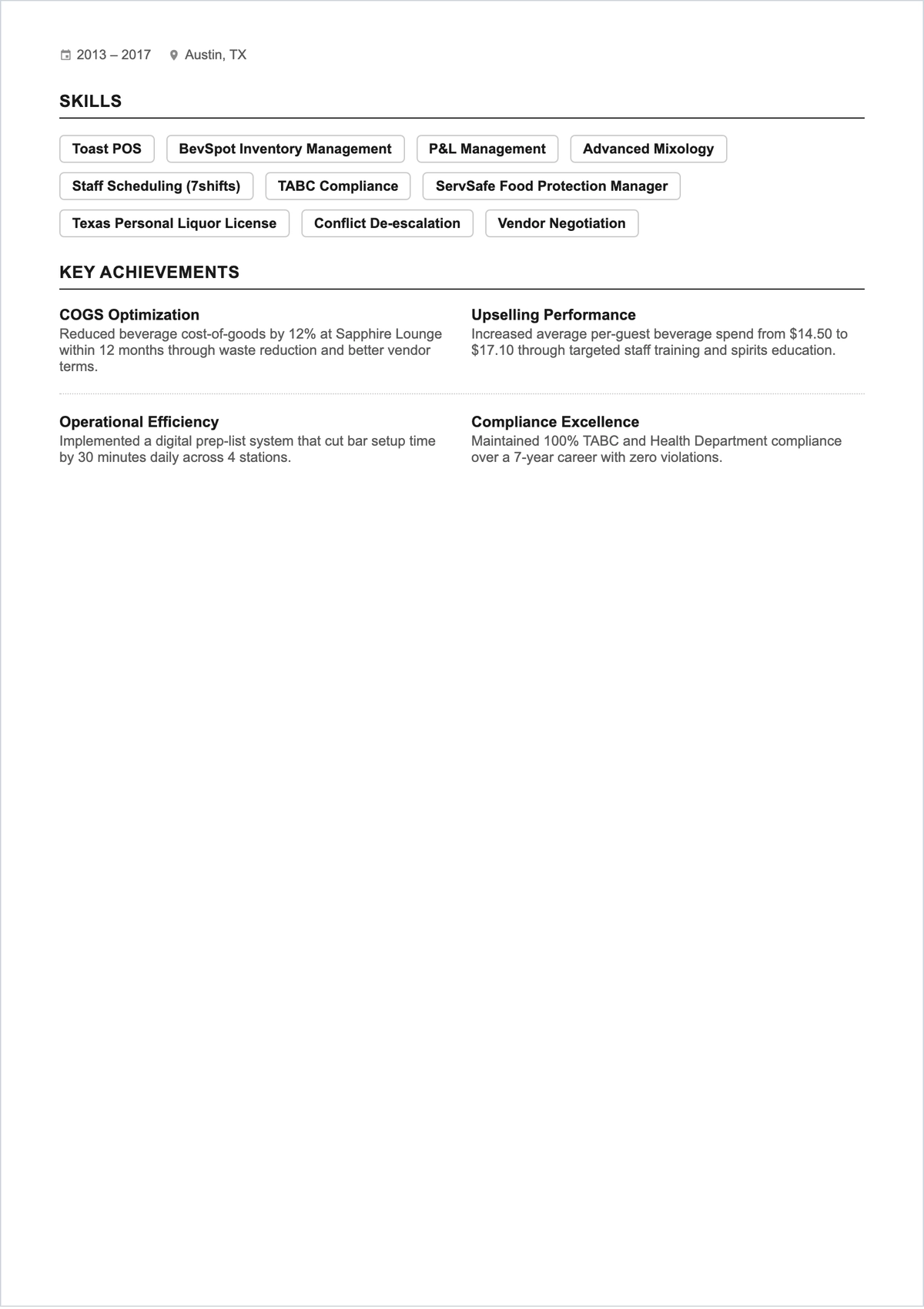 Free Bar Supervisor ATS Resume Template, AI Resume Builder