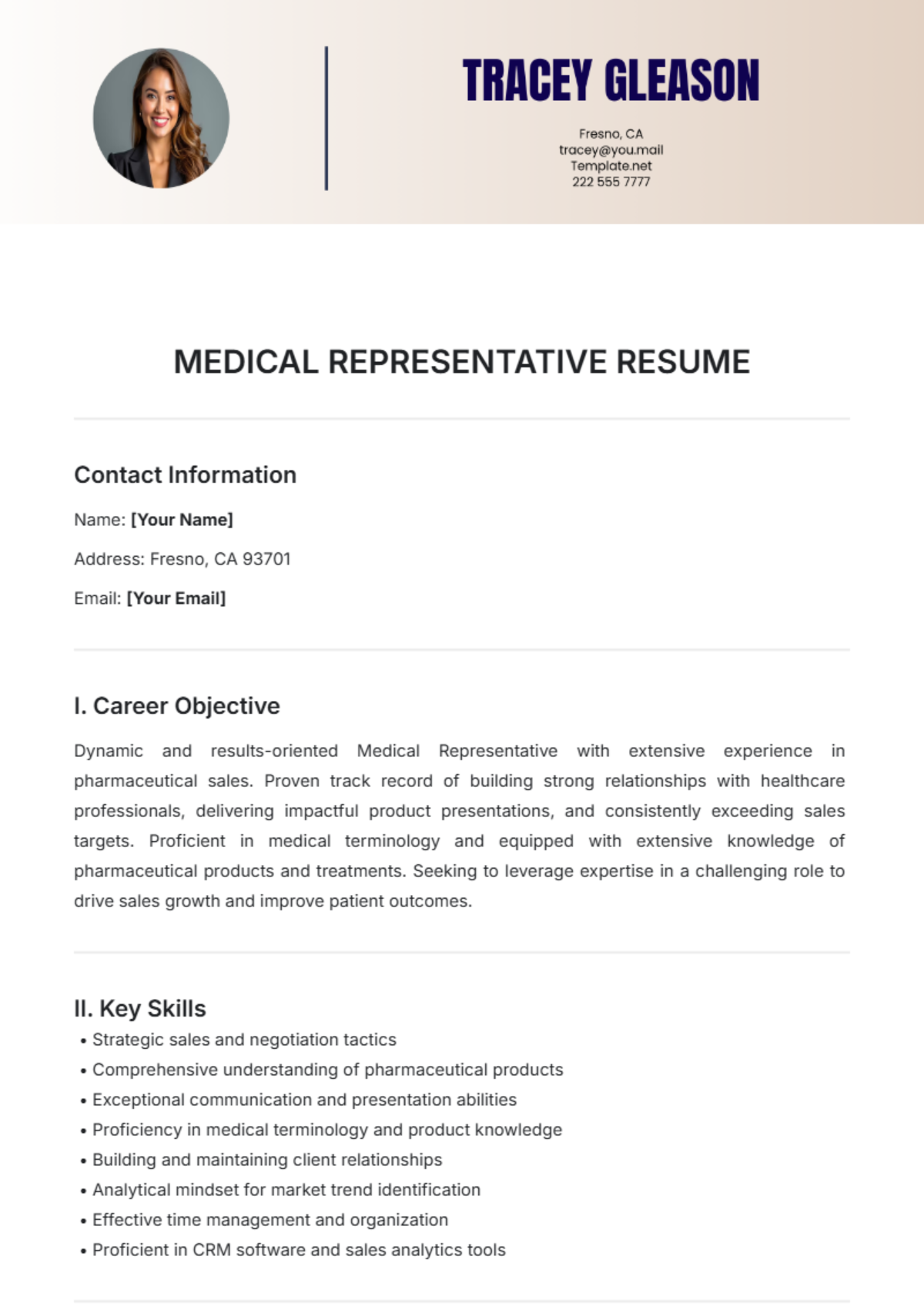 Medical Representative Resume Template - Edit Online & Download