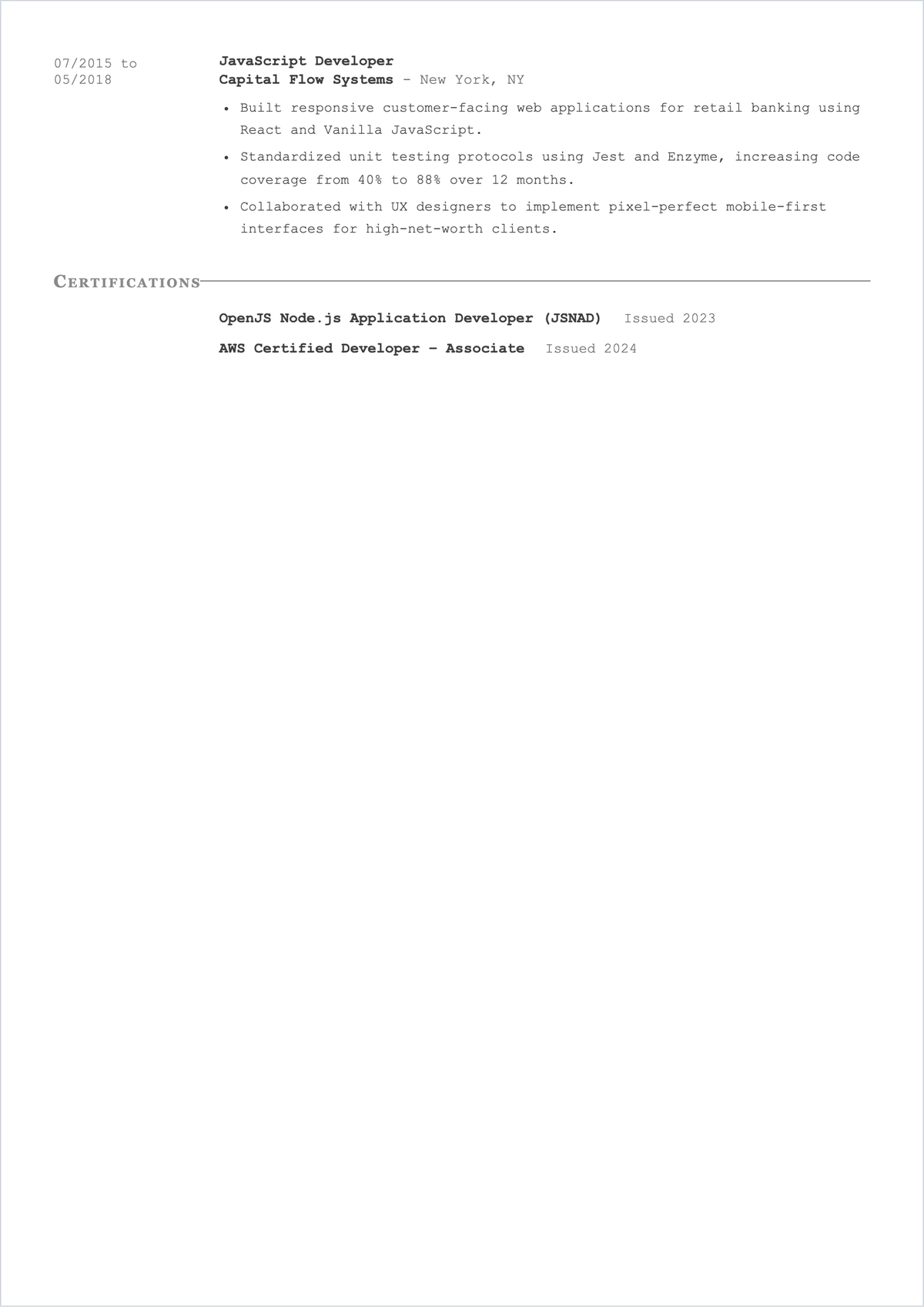 Free Javascript UI Developer ATS Resume Template, AI Resume Builder