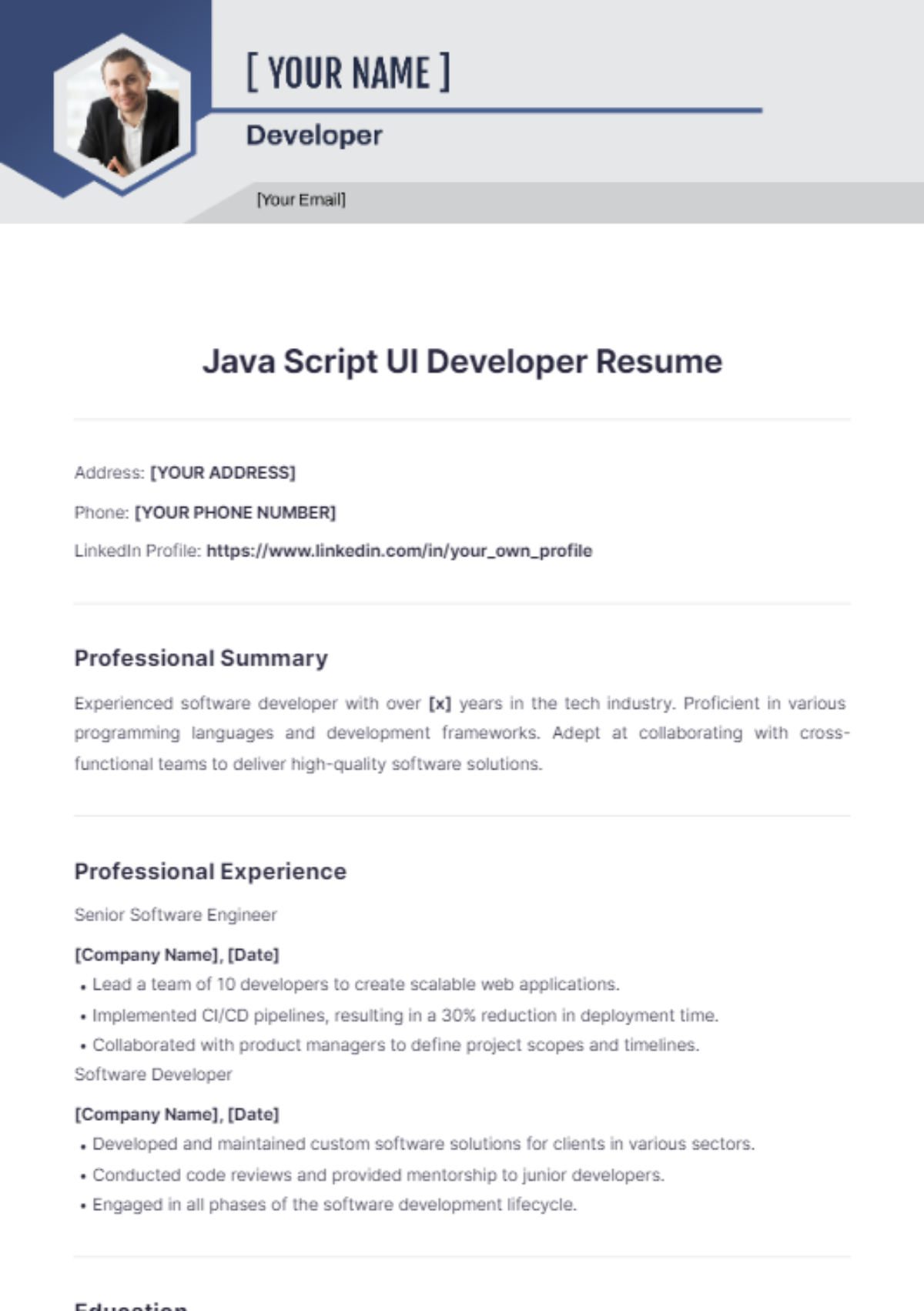 Javascript UI Developer Resume - Edit Online & Download