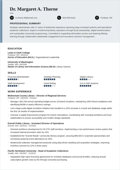 Free Library Director ATS Resume Template, AI Resume Builder