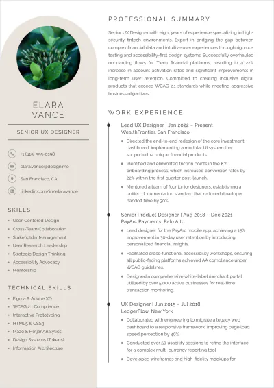 Free Senior UX Designer ATS Resume Template, AI Resume Builder