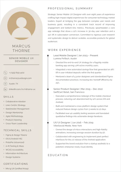 Free Mobile UX Designer ATS Resume Template, AI Resume Builder