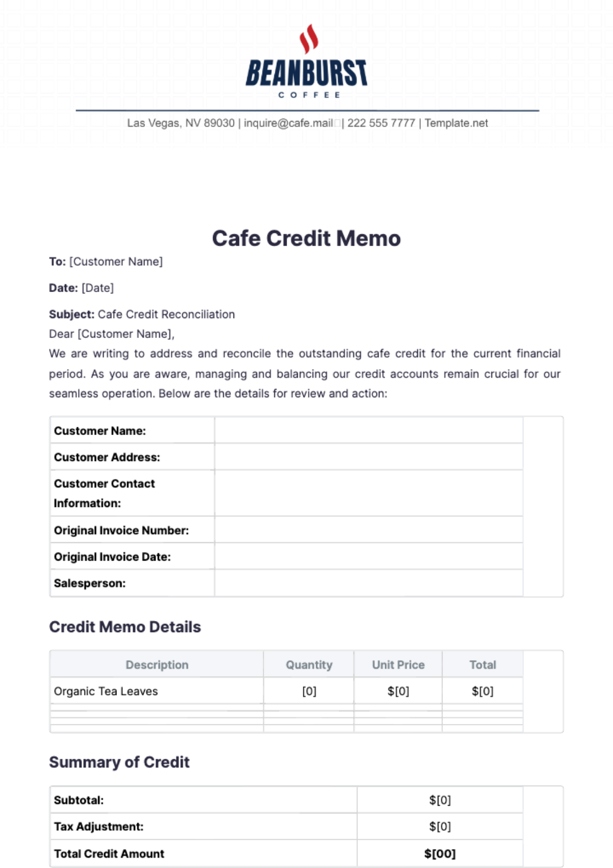 Cafe Credit Memo Template - Edit Online & Download