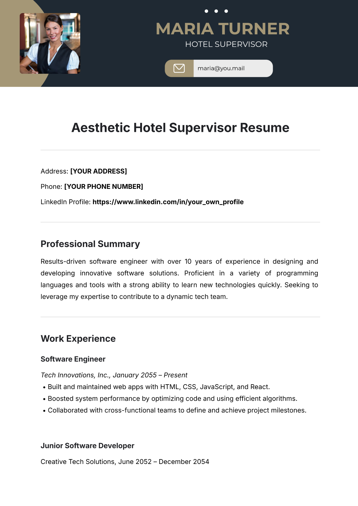 Free Aesthetic Hotel Supervisor Resume Template