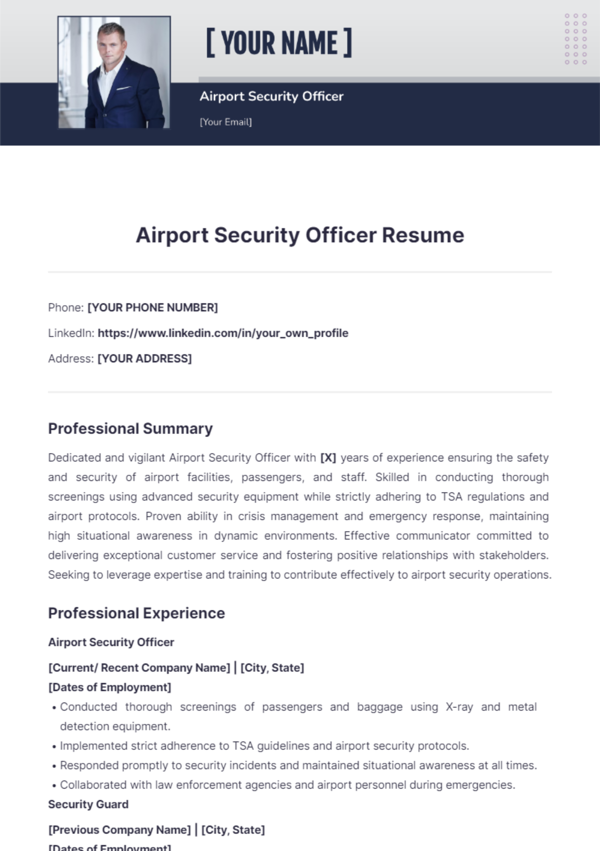 Free Airport Security Officer Resume Template to Edit Online