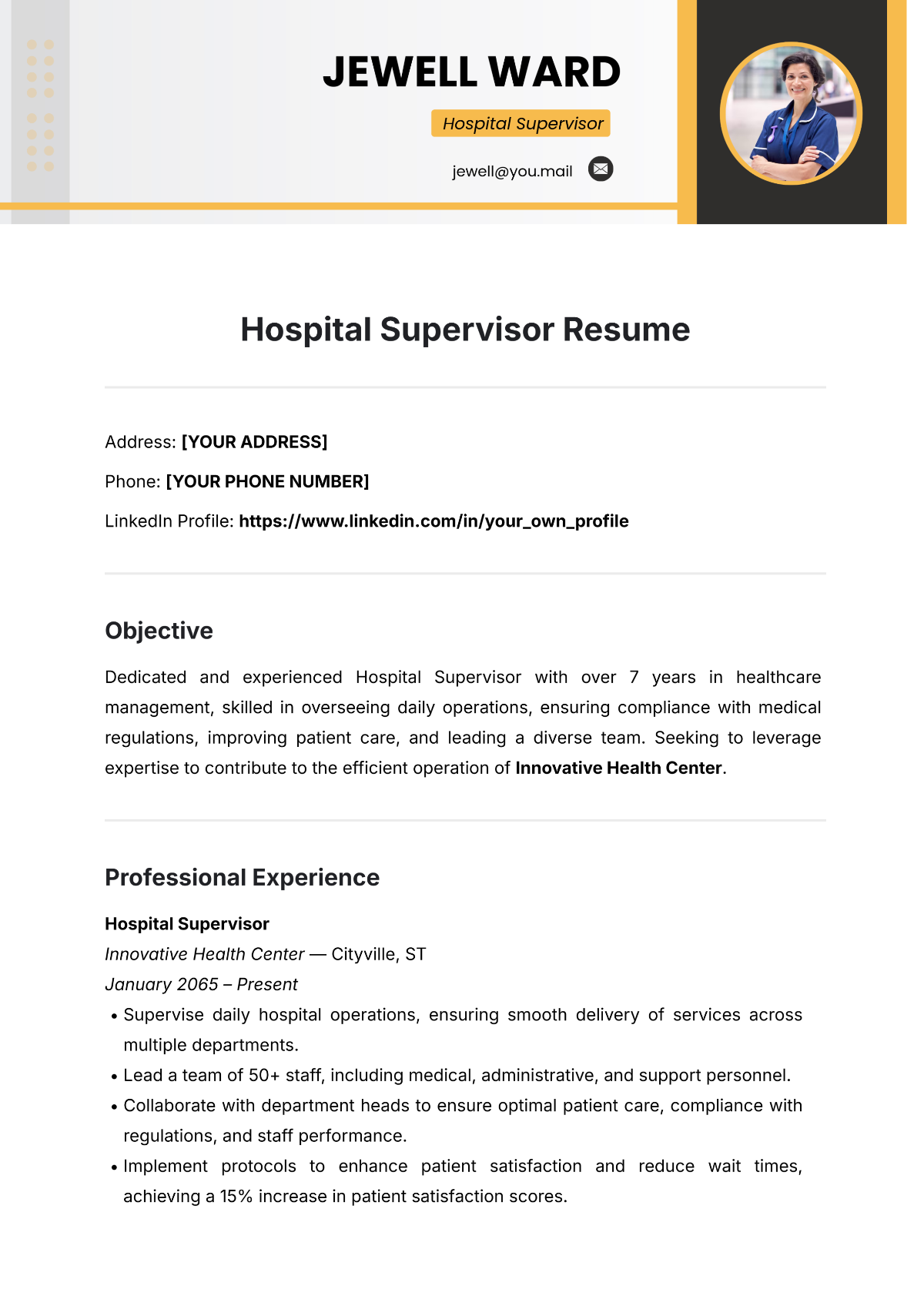 Free Hospital Supervisor Resume Template