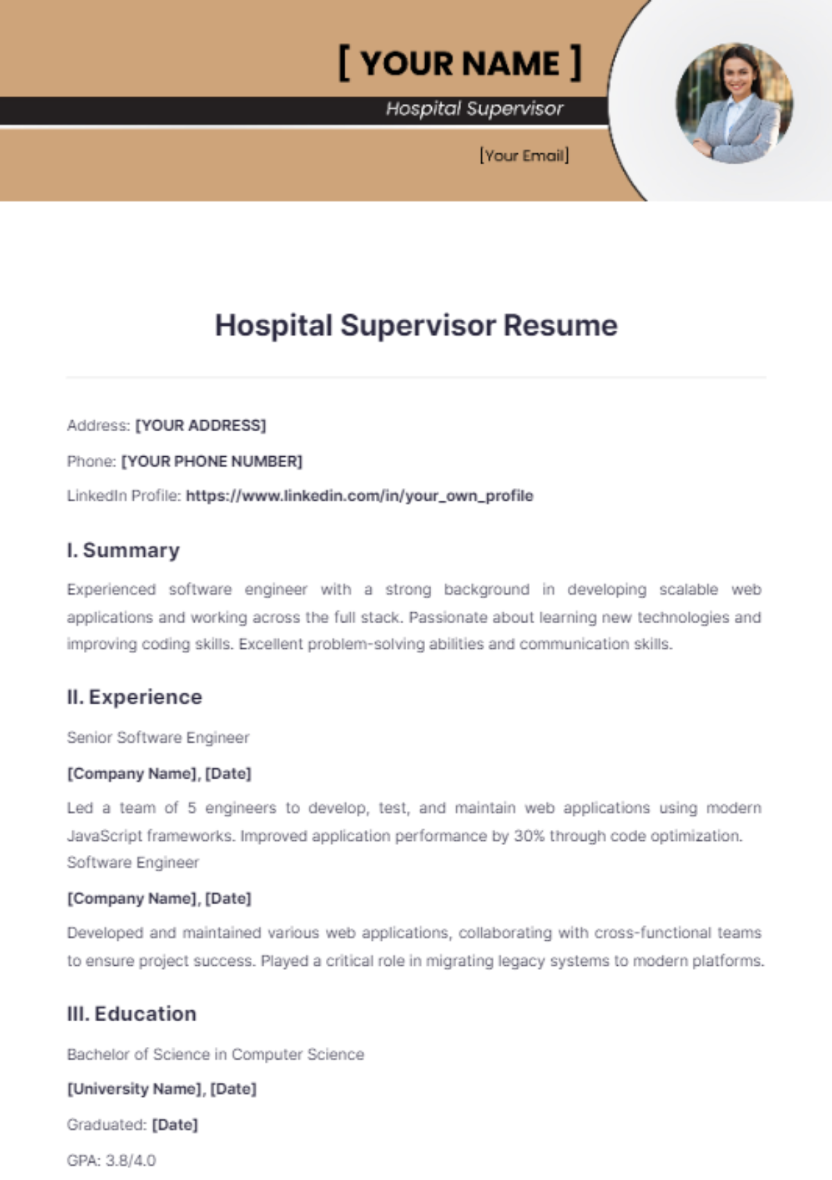 Hospital Supervisor Resume - Edit Online & Download